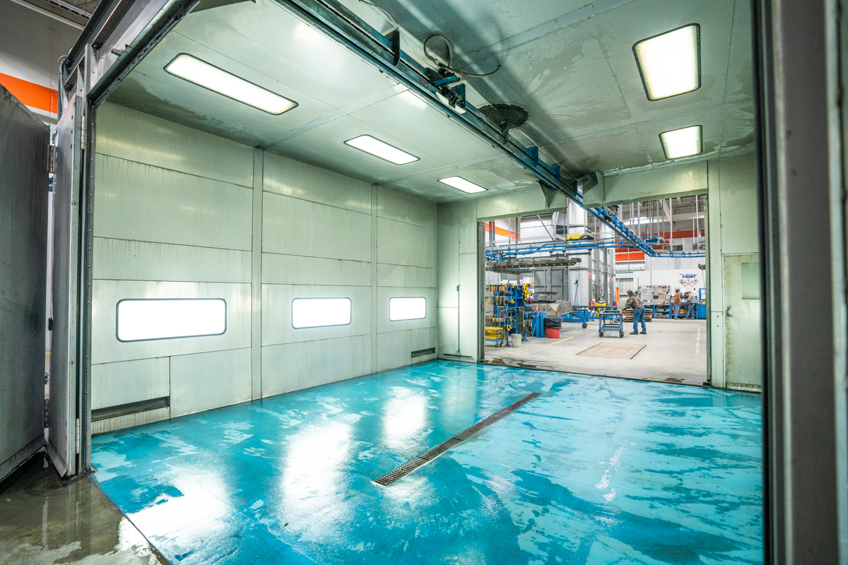 white clean room with a blue floor